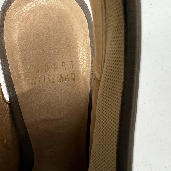 Stuart Weitzman Glove Tan Stretch Wedge Sandals 7.5 Classic Minimalist Peep Toe - Picture 6 of 9